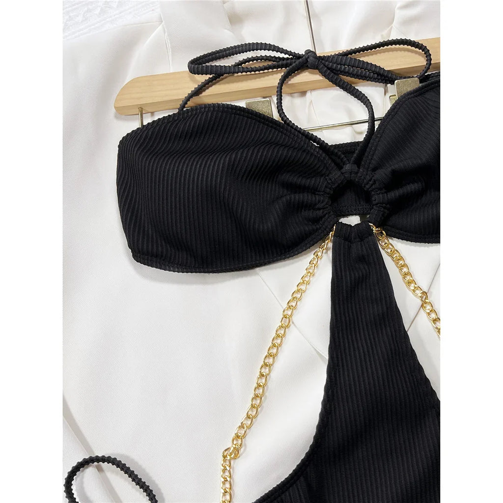 Sexy Ribbed Halter Metal Chains One Piece Swimsuit Women Swimwear Female Monokini High Leg Cut Bather Bathing Suit Swim V4572