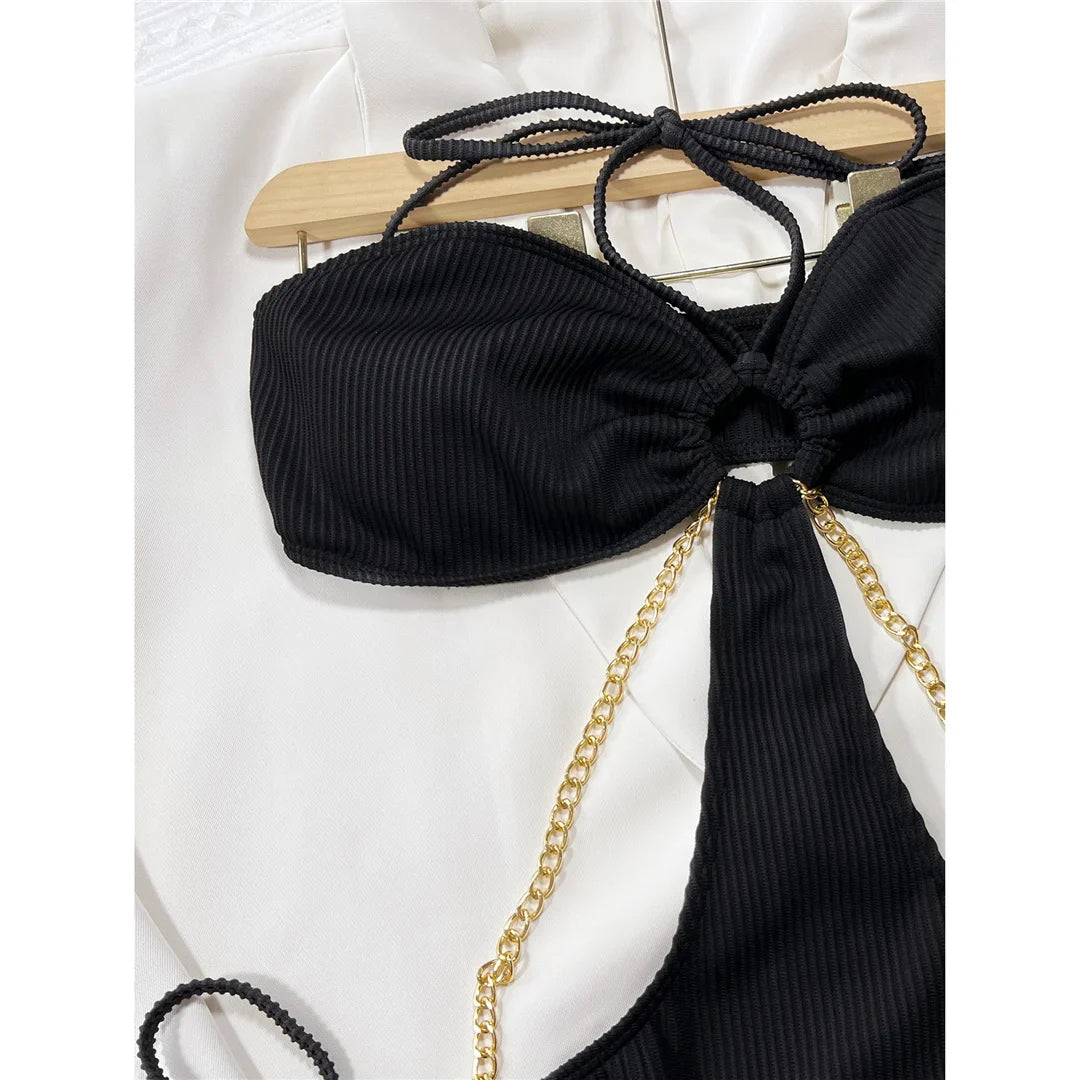 Sexy Ribbed Halter Metal Chains One Piece Swimsuit Women Swimwear Female Monokini High Leg Cut Bather Bathing Suit Swim V4572