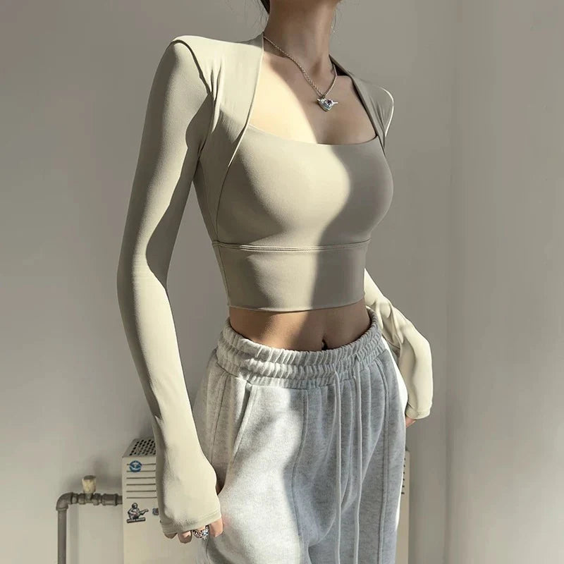 Women's Long Sleeve Fitness Sports Top Elegant Dance Yoga Shirt with Chest Cushion Small Waistband for Gym Speed up Short