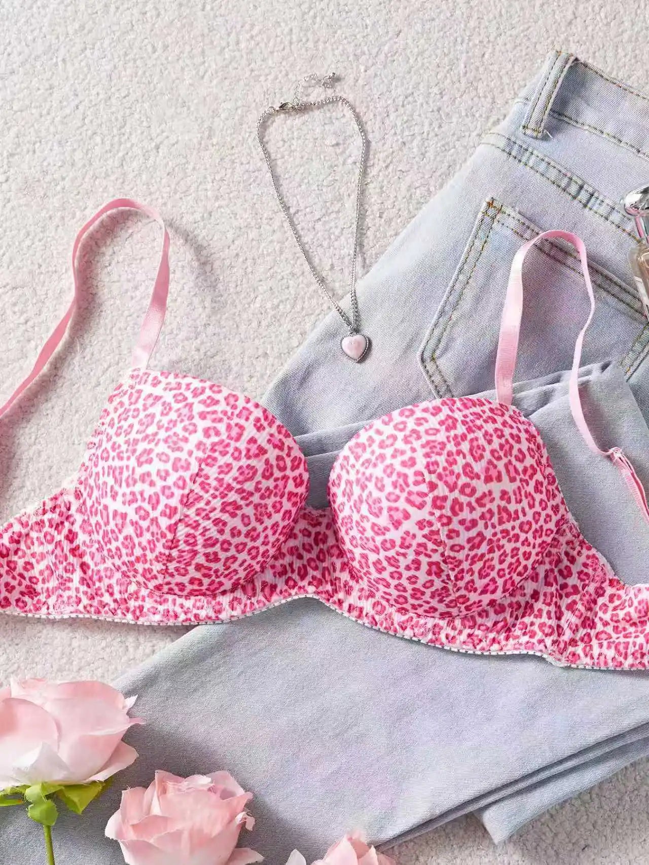 Single Piece Pink Leopard Print Bra Adorable Daily Wear Gathered Effect Feminine Underwear Comfortable Bra for Women