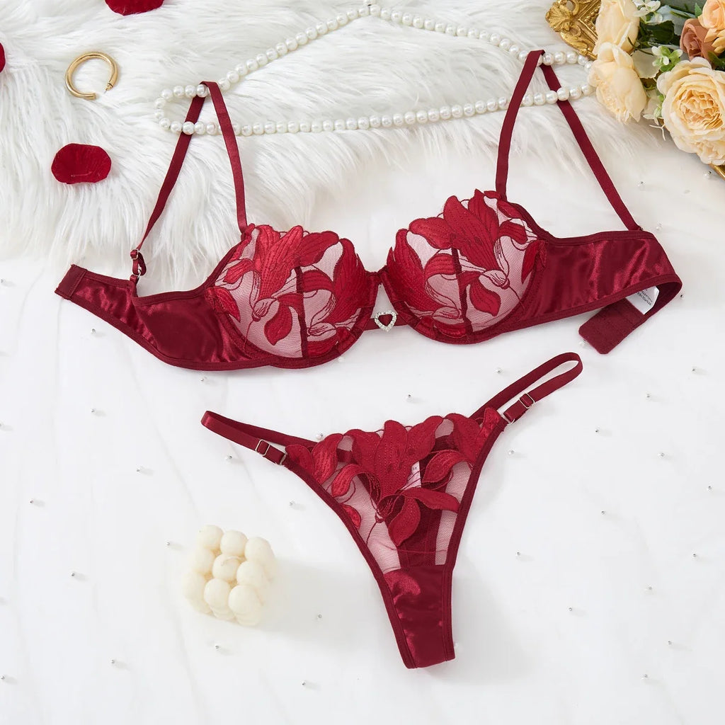 WineRed French-style floral embroidery lace lingerie, sexy and soft steel-bra-cupped push-up bra, Valentine's Day party ZA824031