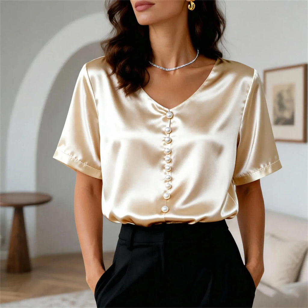 Women's Satin Short Sleeve T Shirt With Pearl Buttons Solid Color V Neck Loose Fit Elegant Office Lady Tees Summer Commuter Top