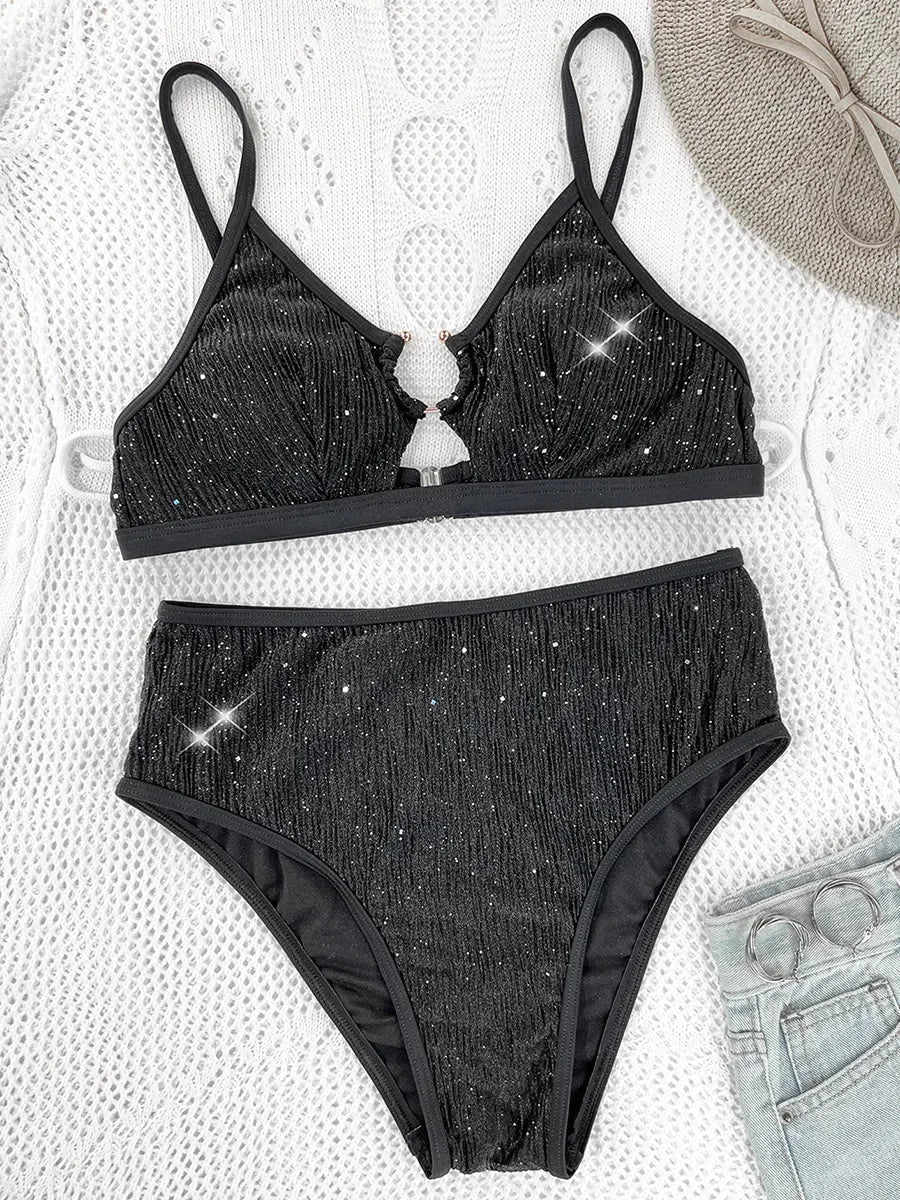 Glitter Sparkling Cut Out Female Swimsuit High Waist Bikini Women Swimwear Two-pieces Bikini Set Bather Bathing Suit Swim Lady