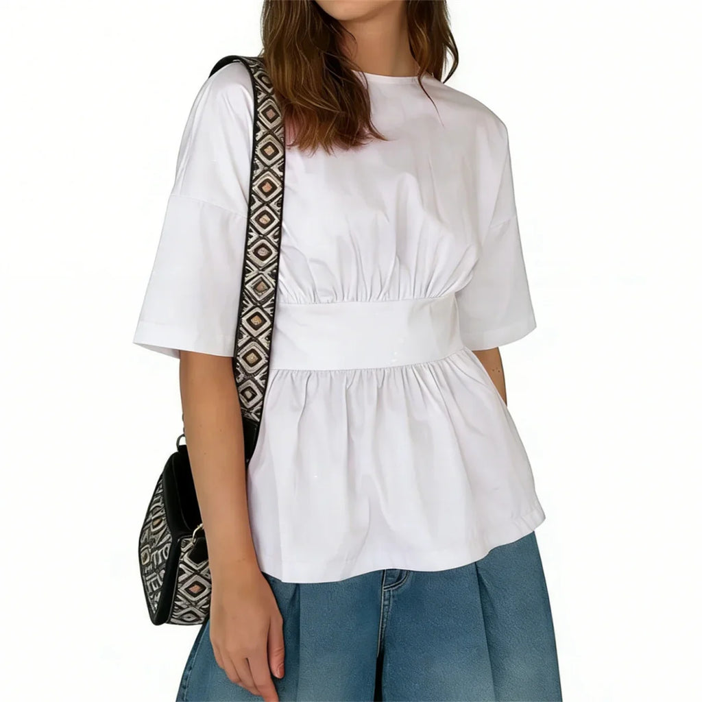 2026 Summer Women's Peplum Tops Casual Elegant Stylish Bow Backless Loose Shirts Crew Neck Elbow Sleeve Blouse