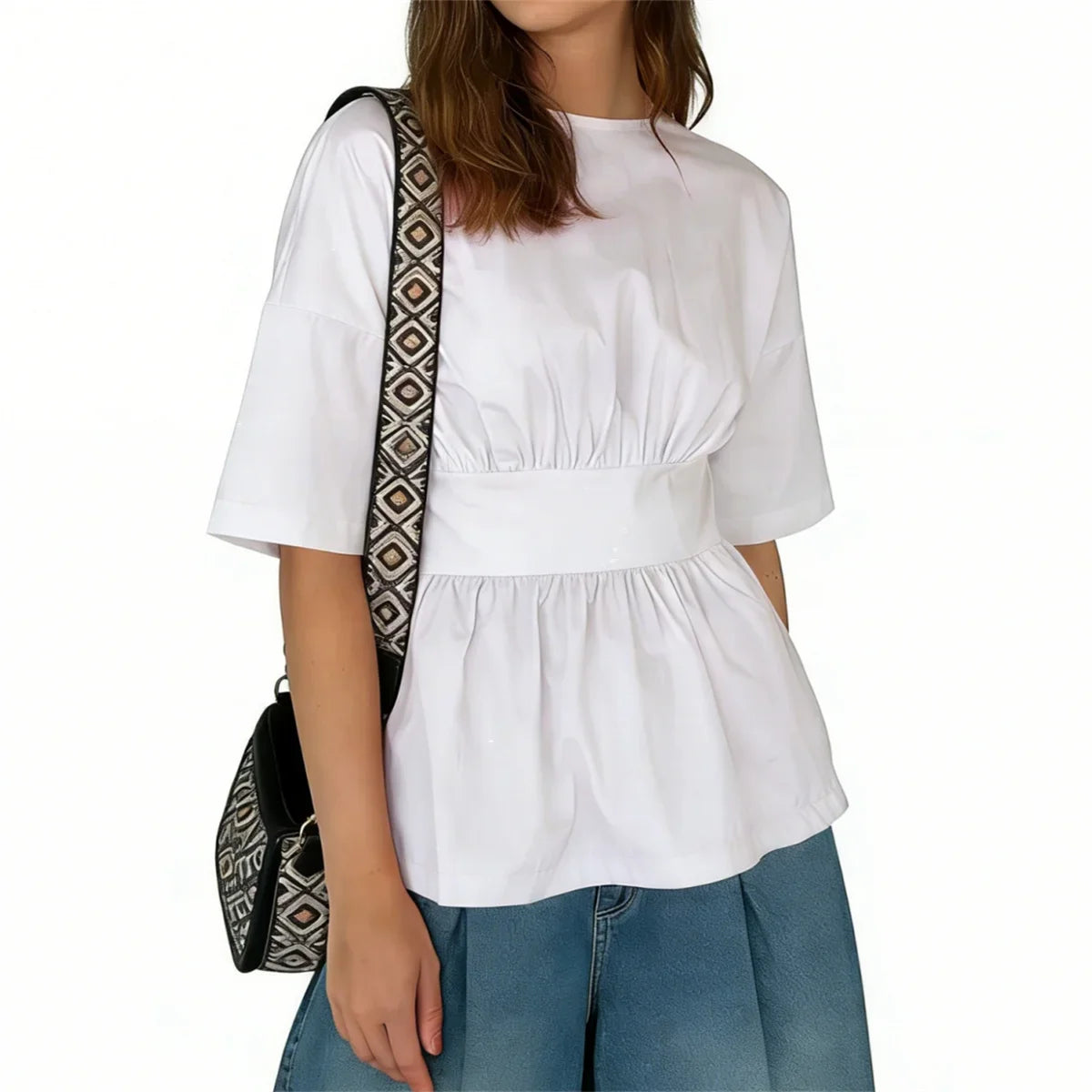 2026 Summer Women's Peplum Tops Casual Elegant Stylish Bow Backless Loose Shirts Crew Neck Elbow Sleeve Blouse