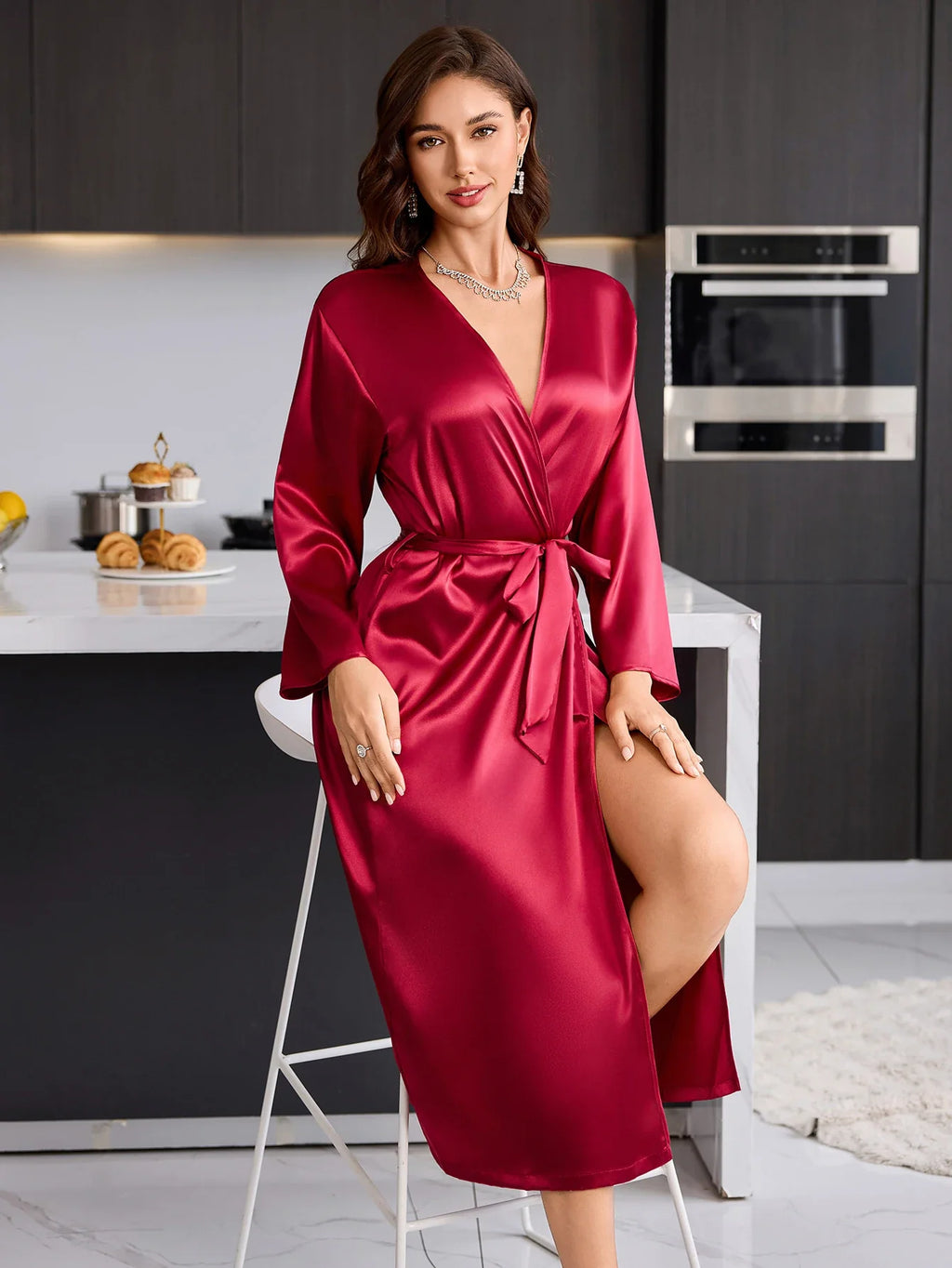 Women's Elegant Long Sleeve Robe V Neck Casual and comfortable bathrobe Solid Luxury Sleepwear For Home Relaxation