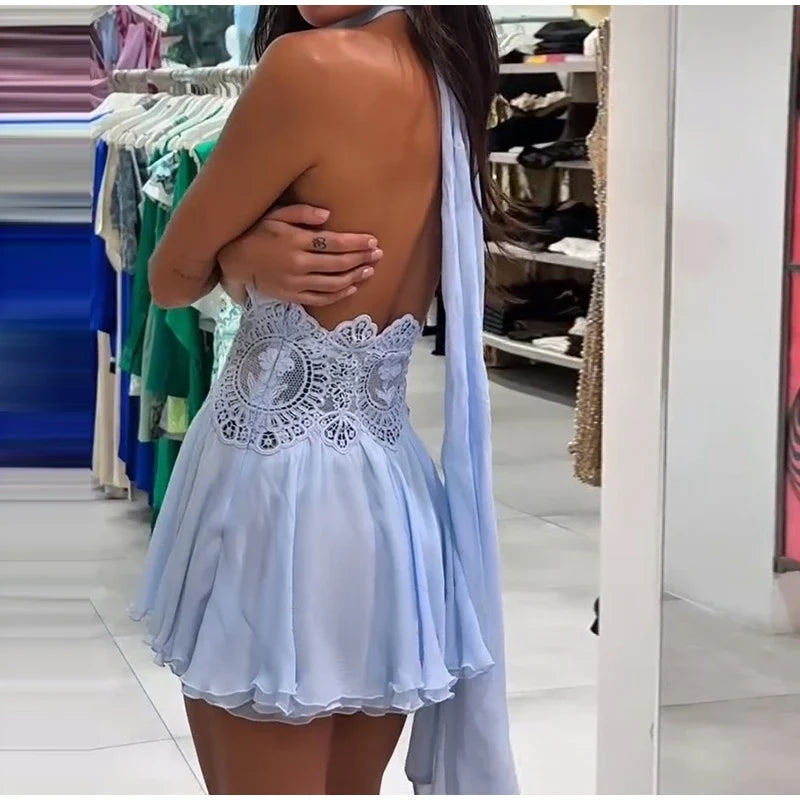 Women Pant Set Sheer Layers Spaghetti Strap Backless Lace Top Straps Solid Loose Straight Elastic Hem Fashion Beach Chic Suits