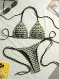 Sexy Green Sunflower Print Mini Bikini 2026 Women Halter Push Up Bra Tie Side Bandage Thong Swimsuit Beach Bathing Suit Swimwear