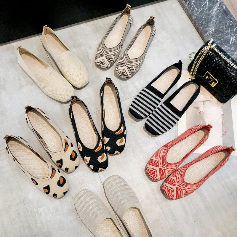 Spring and Autumn Flat Shoes Fashion Leisure Women's Flat Shoes Square Toe Knitting Elastic Comfortable Slip-on Boutique Shoes