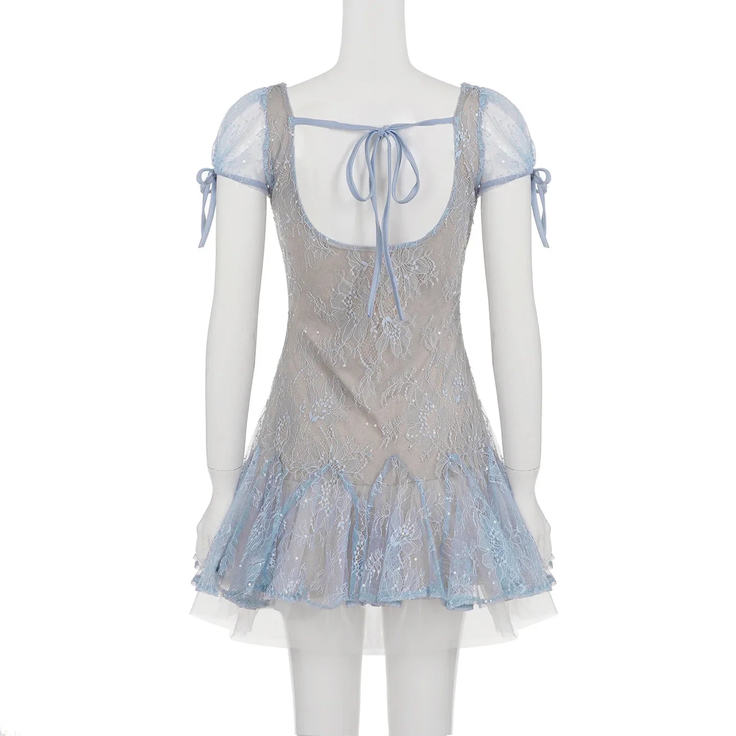 Dreamy and Western-style lace pleated princess dress with sparkling sequin design and puff-sleeved high-waisted dress.