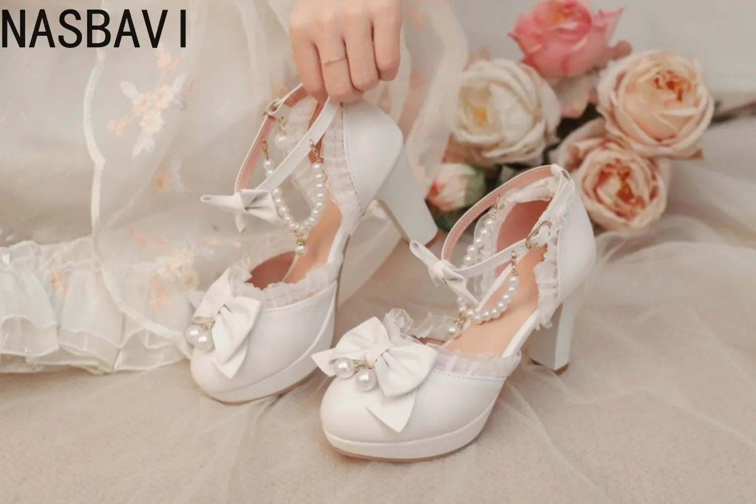 Women Girls Mary Janes 9cm High Heel Ankle Strap Pumps Sweet Chunky Buckle Princess White Sandals New Summer Large Size 33-48
