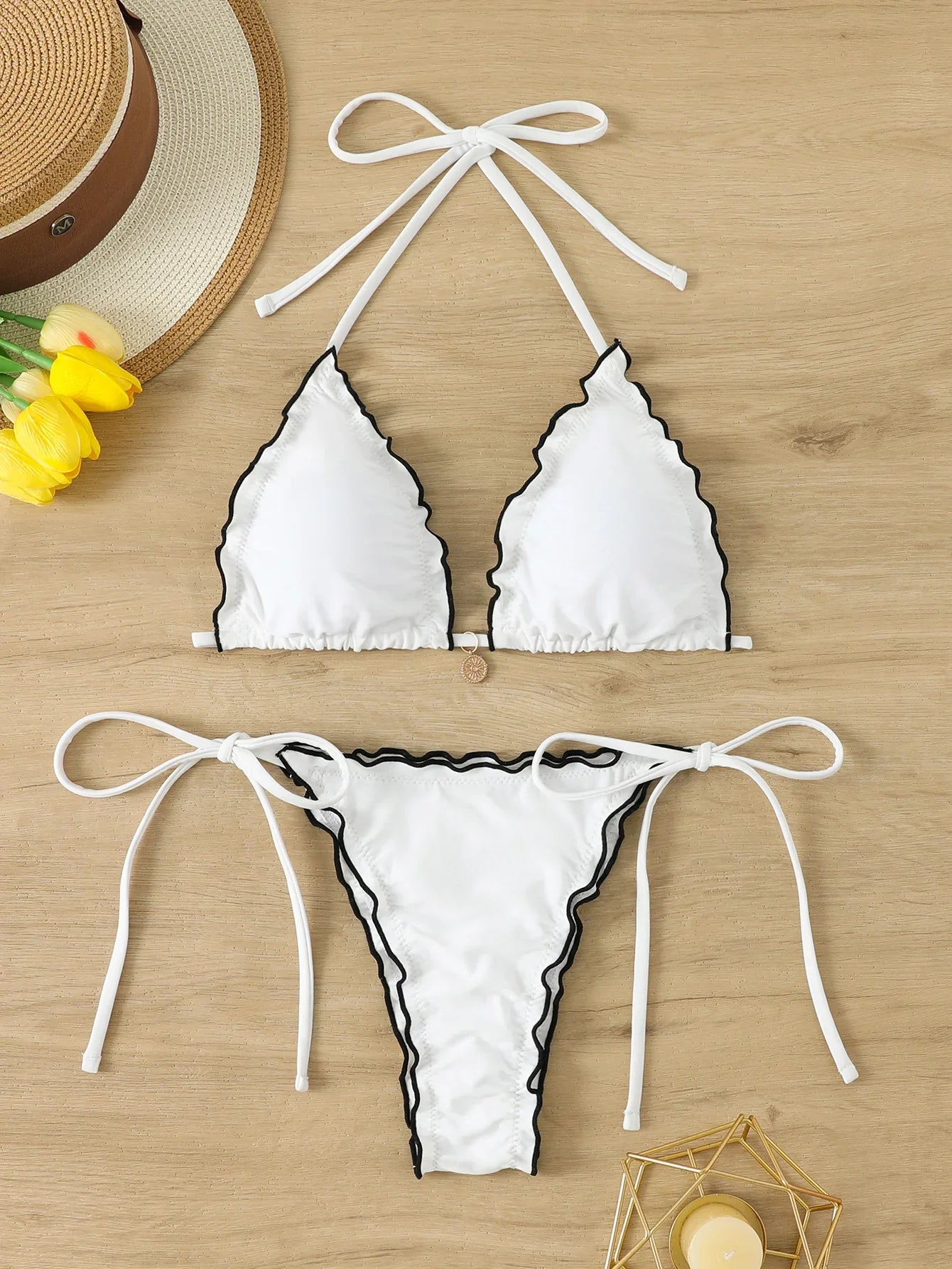 Triangle Halter String Bikinis 2026 Women Sexy Ruffle Swimsuit Solid Cherry Swimwear Female Bathers Bathing Swimming Swim Suit