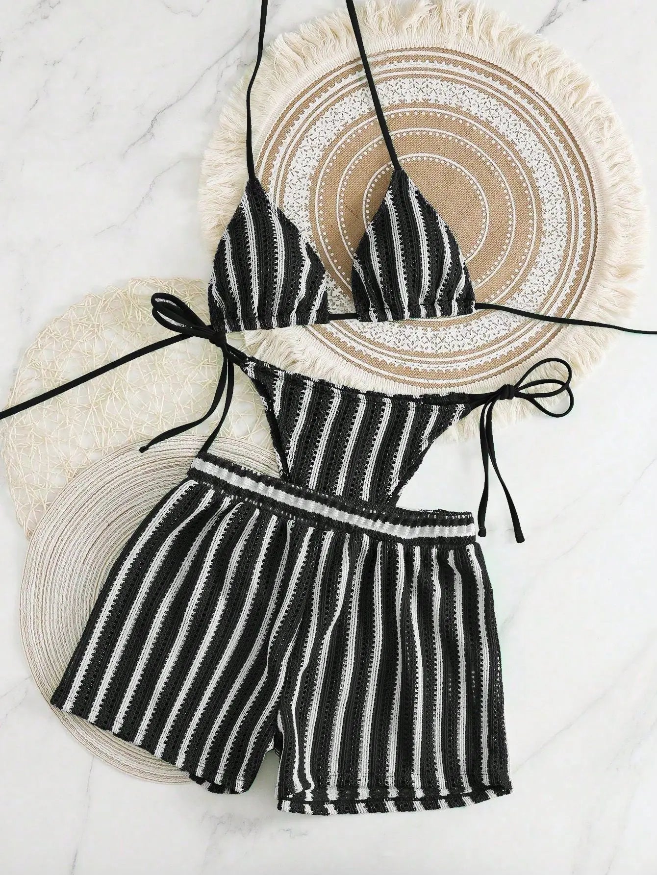3PCS With Shorts Stripe Halter Fishnet Bikini Women Swimwear Female Swimsuit Three-pieces Bikini Set Bathing Suit Swim Beachwear