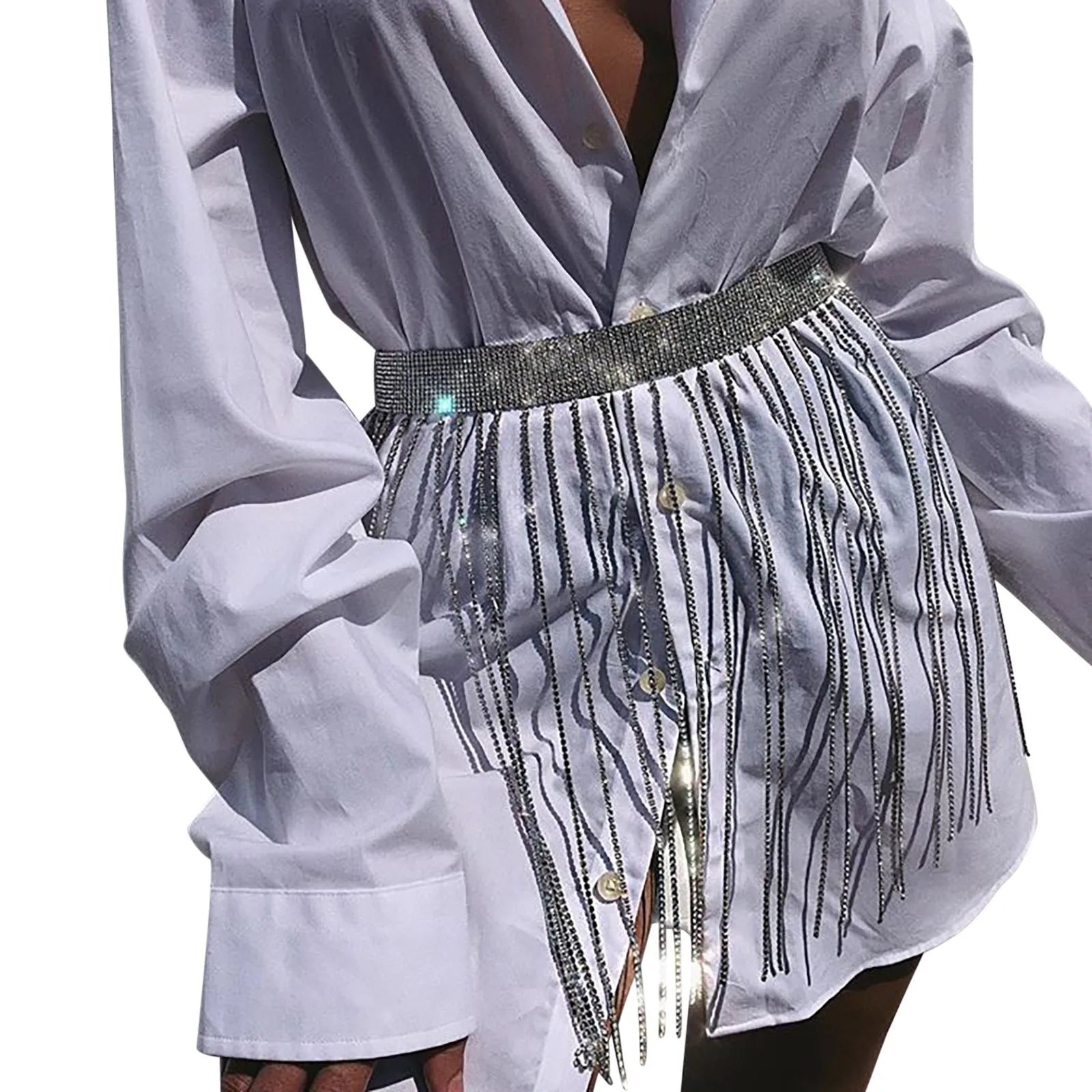 Fringe Bright Rhinestone Chain Skirt Women's High Waist Tassel Waist Chain Belt Stage Performance Carnival Party Night Clubwear