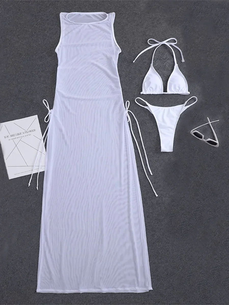 3 Pieces Thong Bikini 2026 Women With Dress String Swimwear Female Solid Swimsuit Beach Wear Bathing Swimming Suit Summer