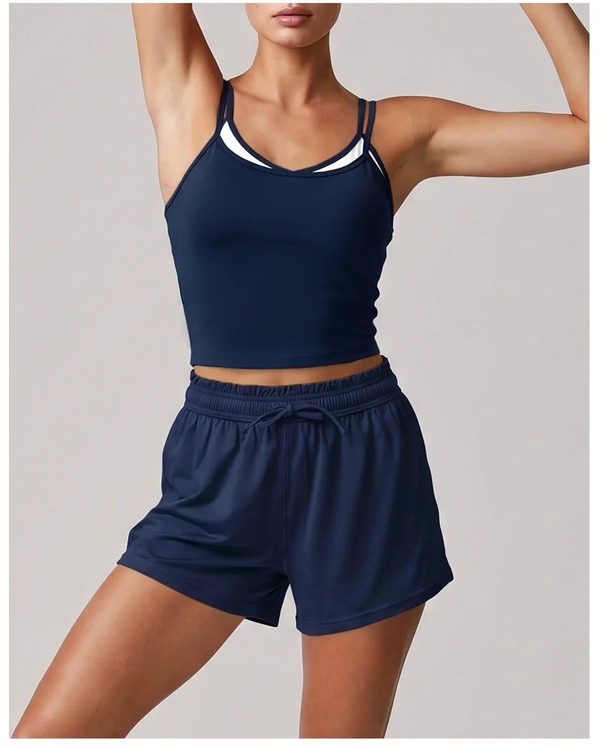 Women's New Summer Yoga Sets Color Blocked Double Strap Workout Tank Top Fitness Suit Drawstring High Waist Short Sport Set