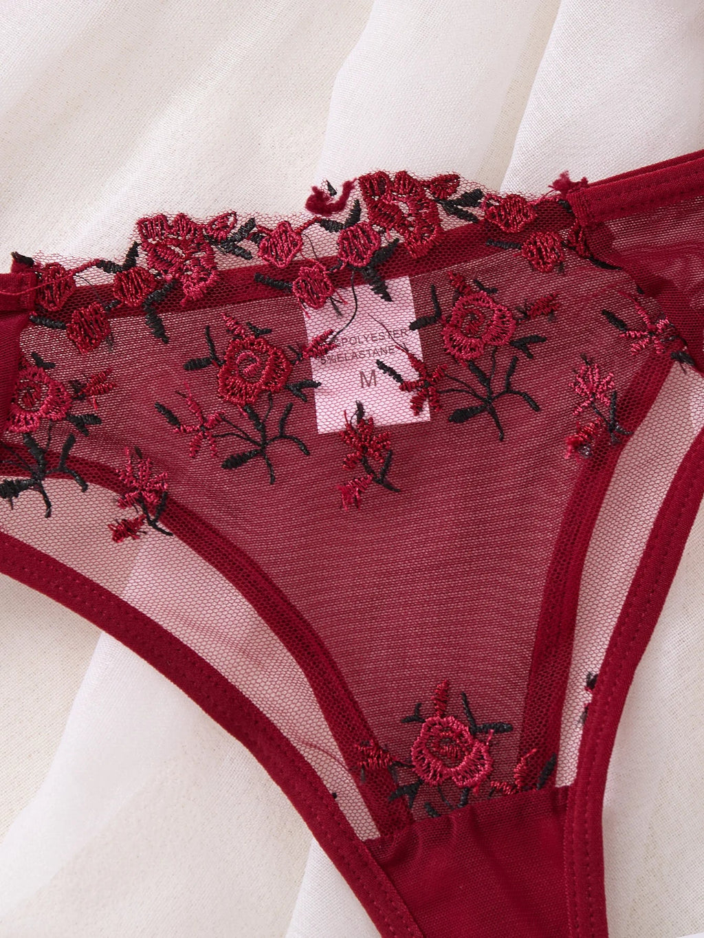 Wine Red Embroidered Floral Lingerie Set - Sexy Bra And G-string Combo with Heart Decoration Underwear Set for Women ZA824026