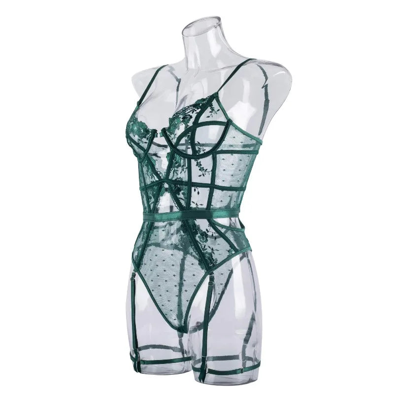 Toucheart Lace Sexy Skinny Babydoll Bodysuit Embroidery Erotic Private Adult Suit Solid Color Patchwork High Waisted Sexy Set