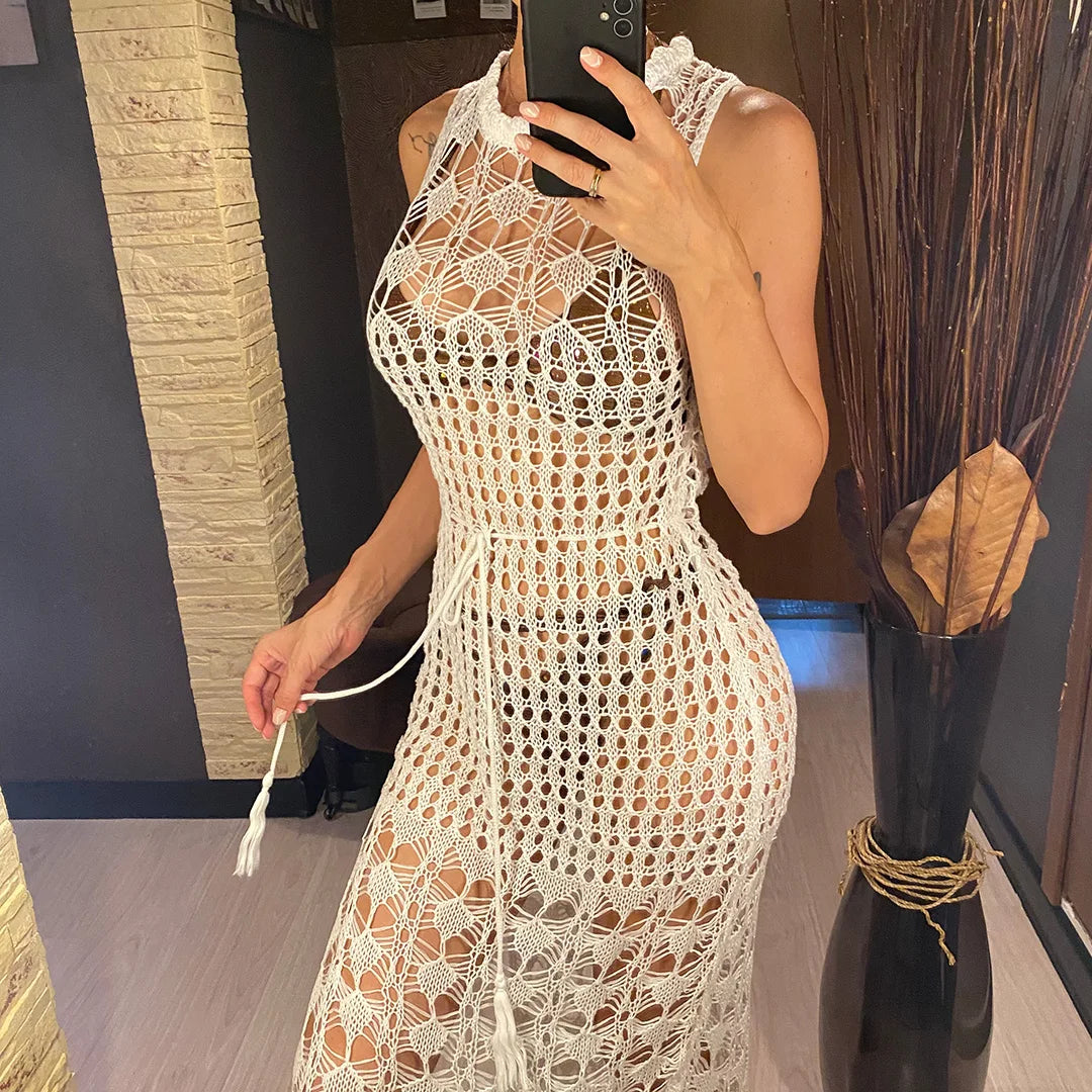 S - XL New Fringe Tassel Hollow Out Crochet Knitted Tunic Beach Dress Beach Wear Beachwear Beach Cover Up Cover-upsFemale V5605