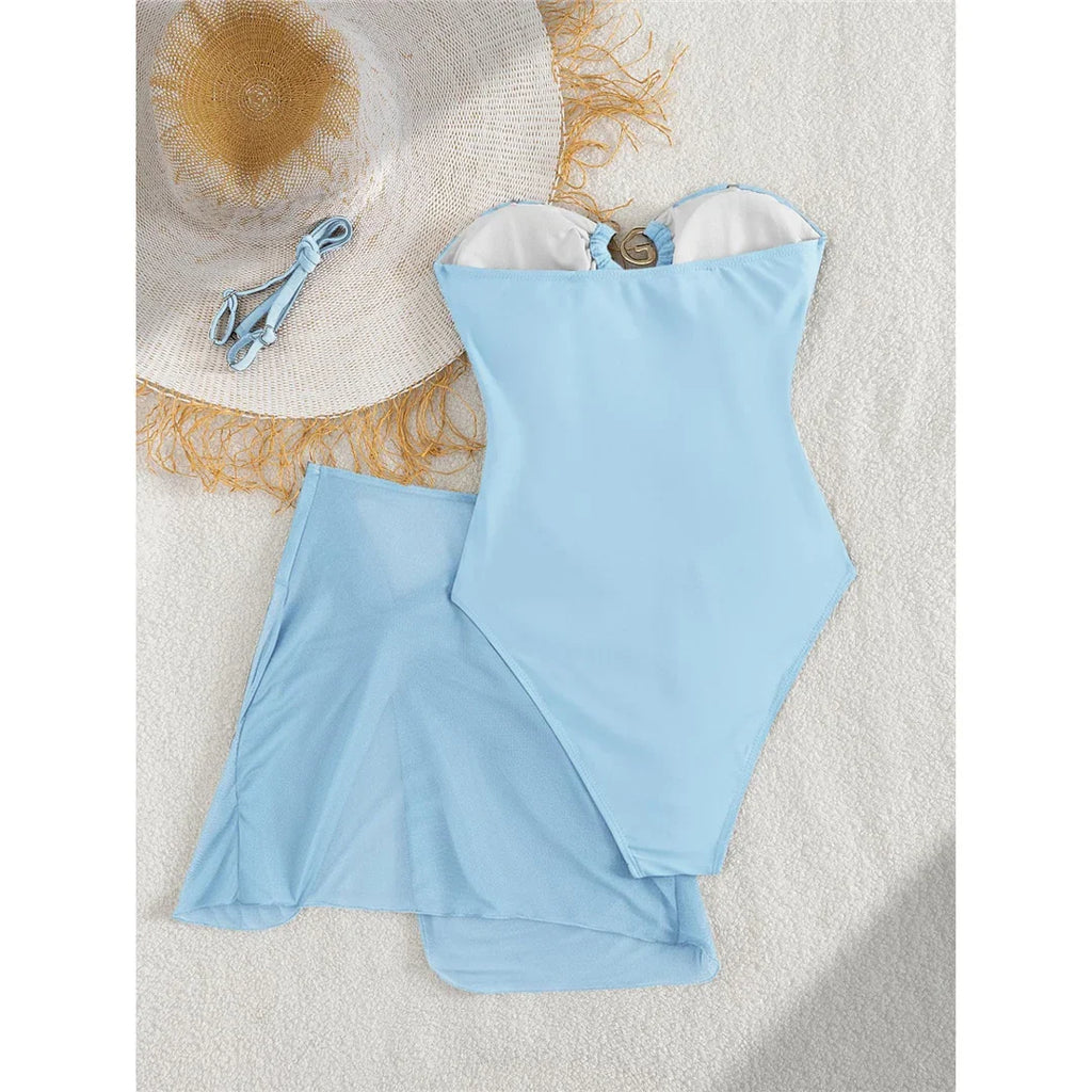 XS - L 6 Colors With Skirt Cut Out Women Swimwear Bandeau Metal Ring Bather Bathing Suit Swim One Piece Swimsuit Female K8108