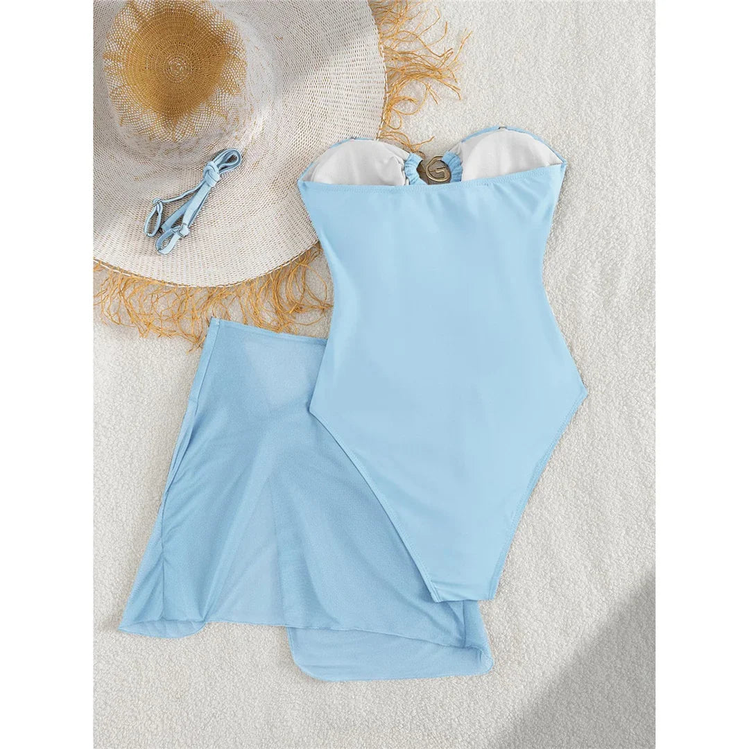 XS - L 6 Colors With Skirt Cut Out Women Swimwear Bandeau Metal Ring Bather Bathing Suit Swim One Piece Swimsuit Female K8108