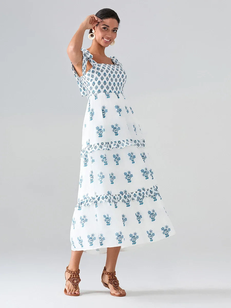 Flower Print Tie Strap Swing Dress Women A-Line Square Neck Tiered Ruffled Summer Bohemian Beach Long Tank Dress
