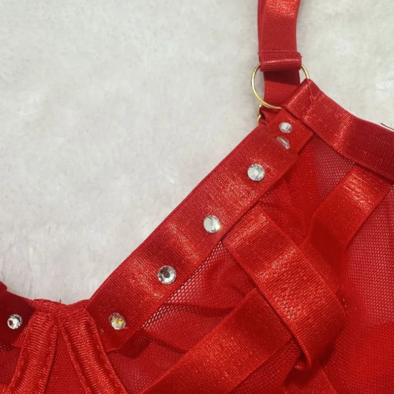 Toucheart Erotic Underwear Mesh See-through Patchwork Metal Chain Hot Girls Sexy Seductive Coquette Nightclub Party Dance Suit