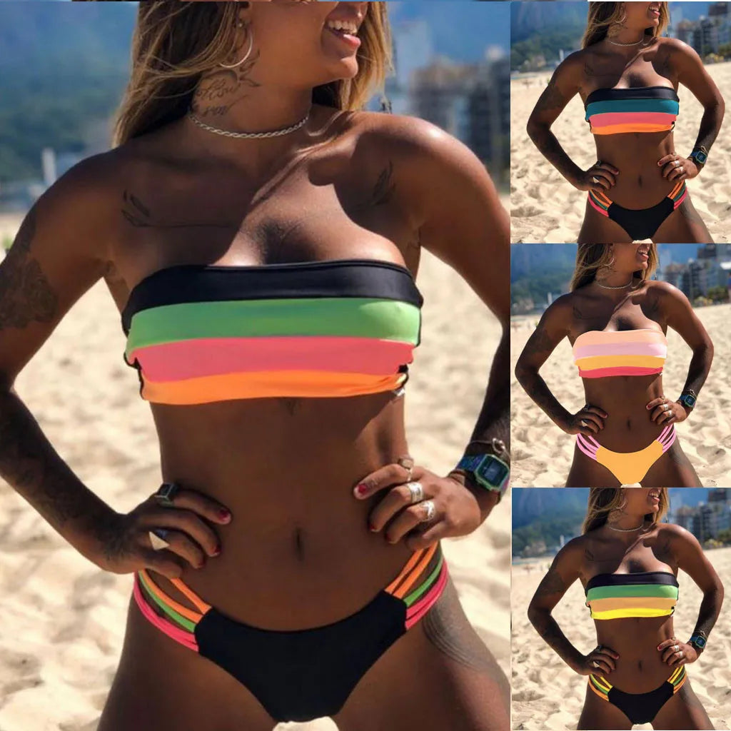 Bikini Swimwear Push-Up Bikinis Sets Colored Stripes Women Bra Padded Beachwear Bathing Suit New 2 Piece Swimsuit 2025 Biquini