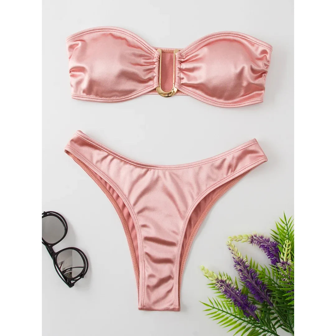 New Sexy Bandeau Strapless Bikini Female Swimsuit Women Swimwear Two-pieces Bikini set Padded Bather Bathing Suit Swim V4647D