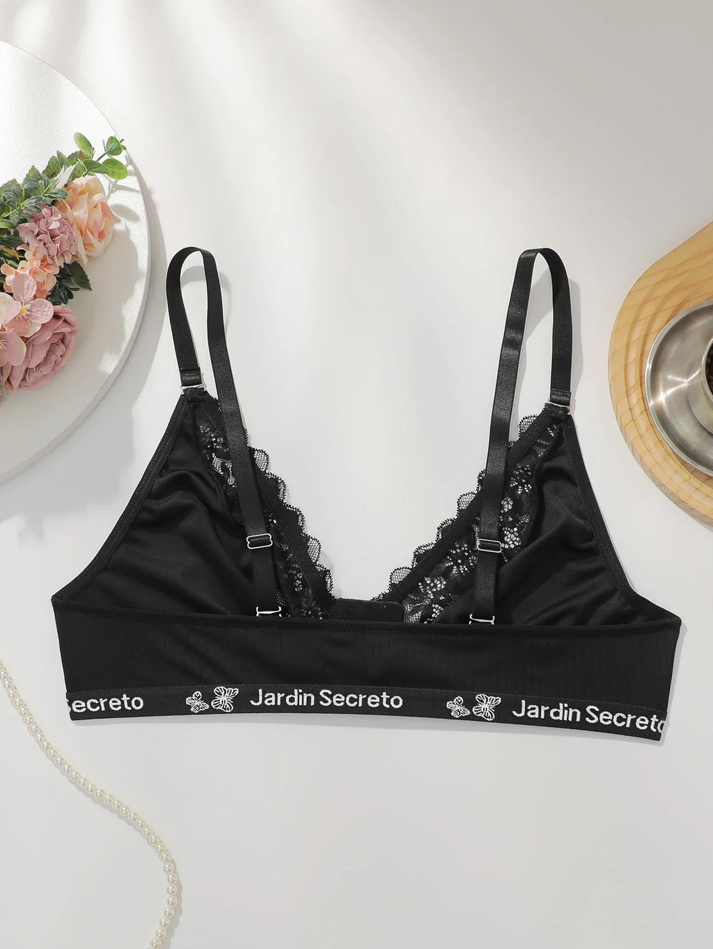 Large size underwire lingerie with sexy letter band design plus size braissere women's lace underwear black bra MR3474