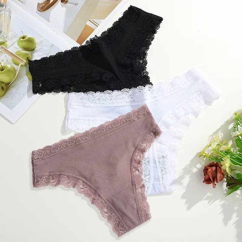 3Pcs Women Cotton Lingerie Sexy Thong Soft Fashion Panties Femme Design Underwear Pantys Underpant Lingerie Lace Intimates S-XL