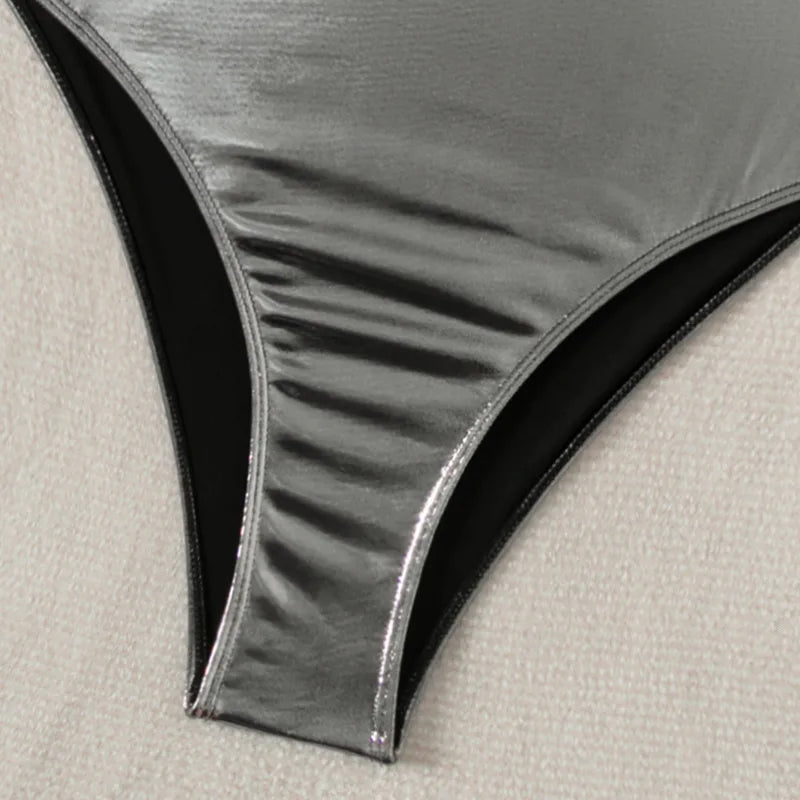 sexy glitter metallic silver backless swimsuit one piece bikini bandage swimwear bodysuits women biquini bathing suits tankini