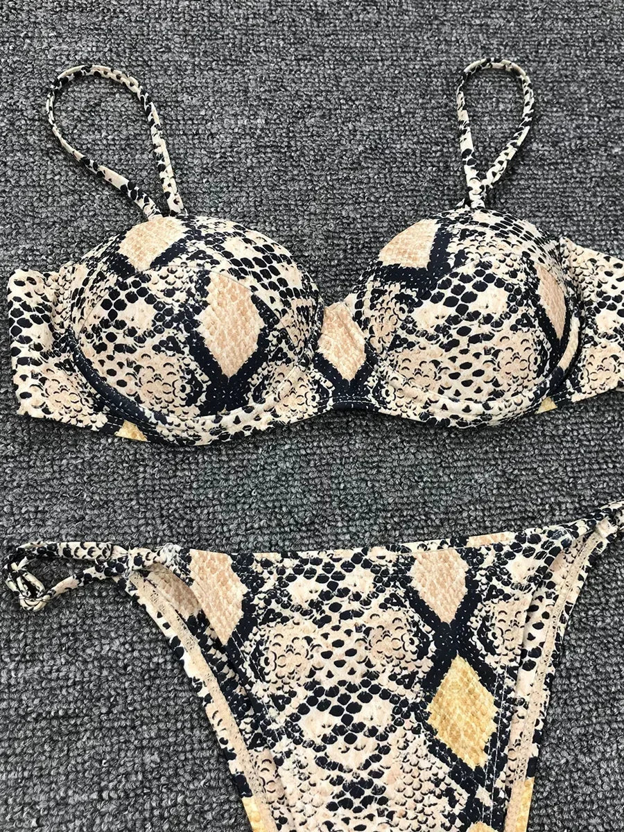Snake Skin Underwired Bra Cup Bikini Women Swimsuit Female Swimwear Two Pieces Bikini Set Mini Micro Thong Bathing Suit Swim