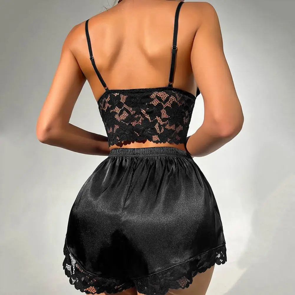 2 Pcs/Set Women Pajama Set Hollow Out Lace V Neck Sleeveless Crop Top High Waist Satin Shorts Anniversary Sleepwear Outfits