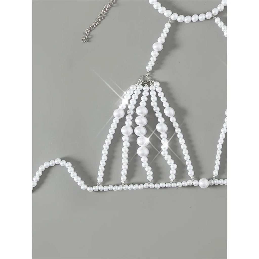 Luxury Pearls Halter Hollow Out See Through Bikini Top Female Swimsuit Women Swimwear Bather Bathing Suit Swim Beach Top V5409