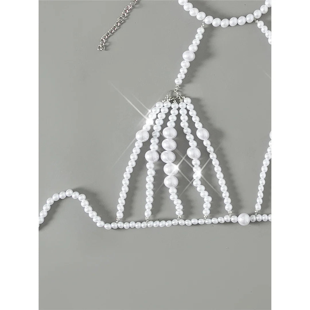 Luxury Pearls Halter Hollow Out See Through Bikini Top Female Swimsuit Women Swimwear Bather Bathing Suit Swim Beach Top V5409