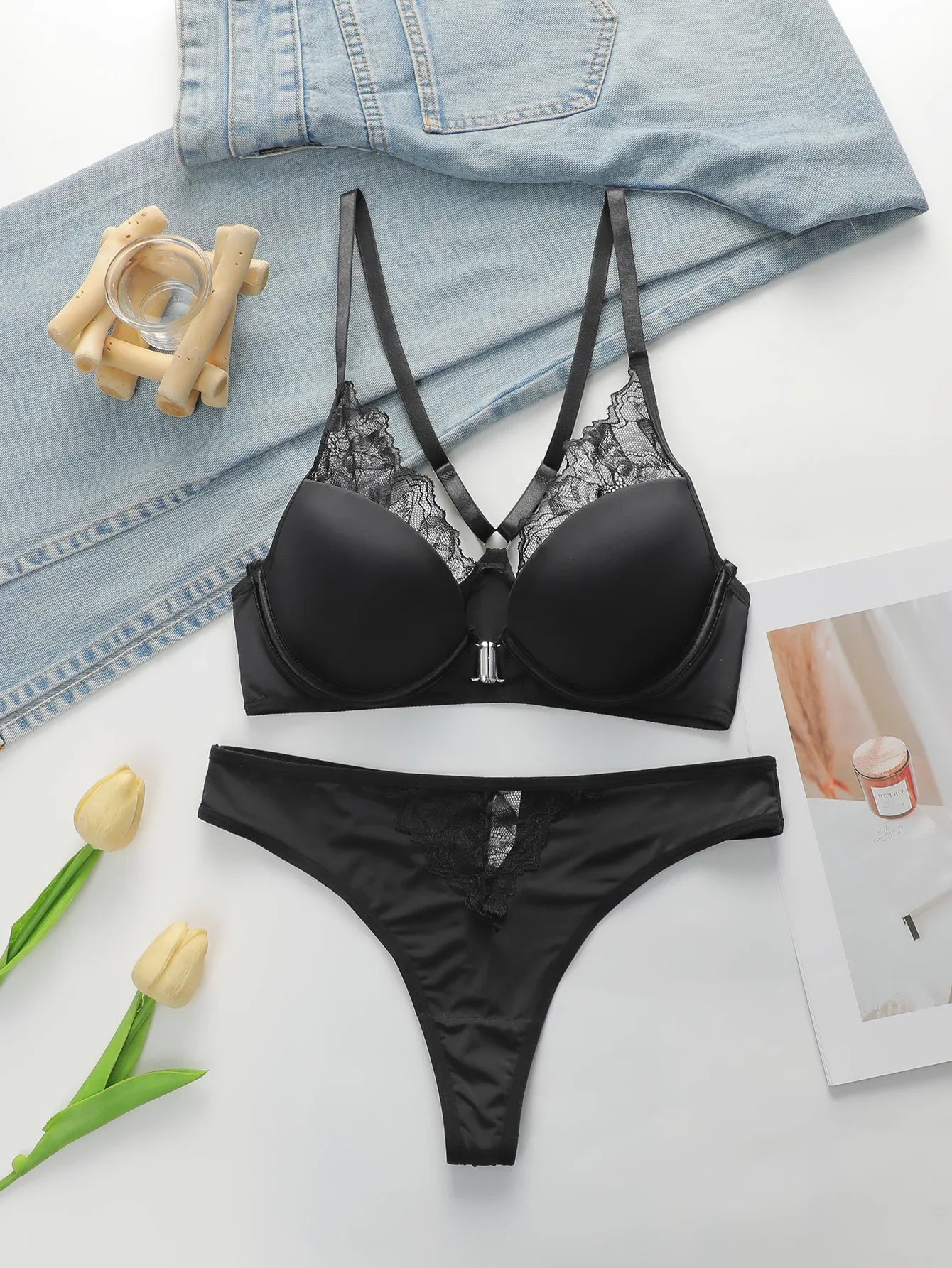 Ladies' Black Front Dutton Beautiful Back With Steel RingLlace Sexy Bra Underwear Thong Underwear Set J2509