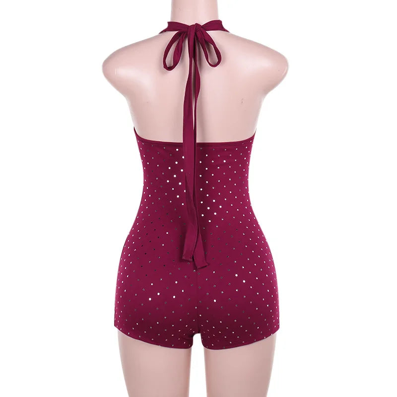 Sexy Halter Backless Rompers Short Jumpsuit Wine Red Black Deep V-neck Backless Lace-up Rhinestones Playsuit Female Bodysuit