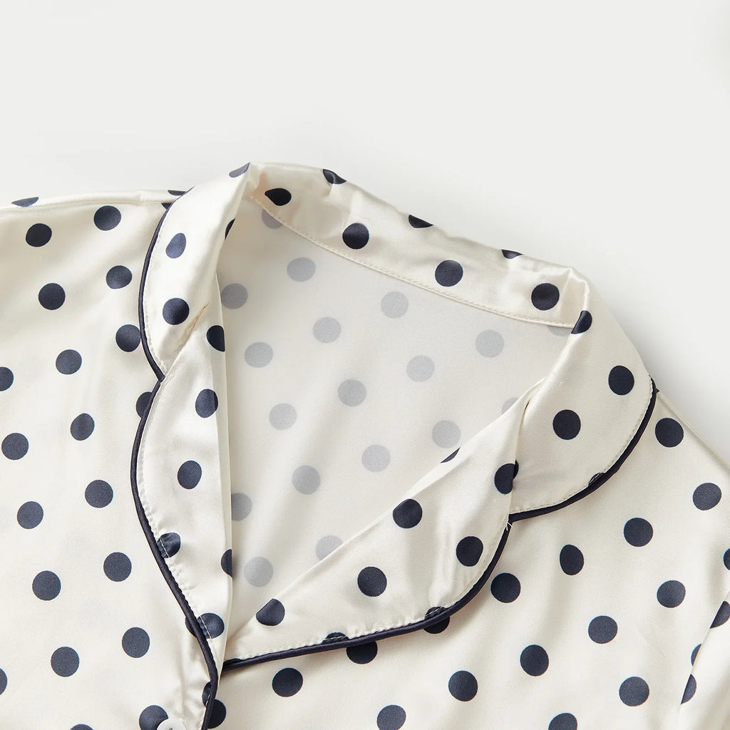 Women 2025 Two Pieces Pajamas Sets Long Sleeve Lapel Button Down Dot Tops with Drawstring Elastic Pants Fall Satin Sleepwear
