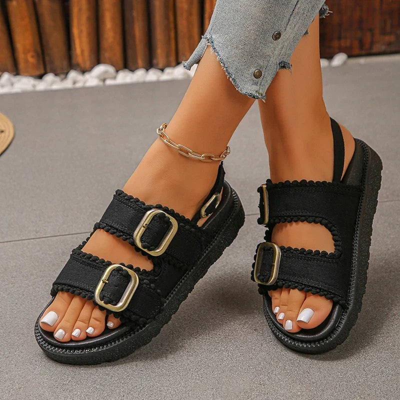 2026 Summer Denim Platform Sandals Women Fashion Buckle Thick Bottom Rome Sandles Woman Plus Size Non Slip Soft Sole Sandalias