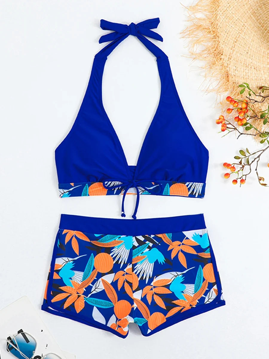 Halter Bikinis 2026 Women Printed Swimsuit Shorts High Waist Swimwear Female Bathers Swimming Bathing Suit Summer Beachwear