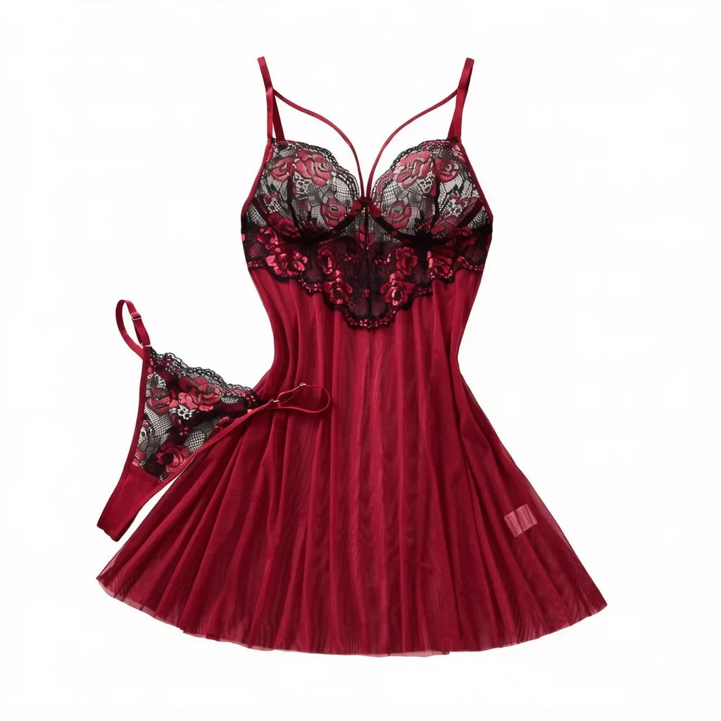 Wine Red Rose Floral Embroidery Mesh Babydoll Lingerie Set Underwire Nightgown With Matching Thong Women Sleepwear ZA825133