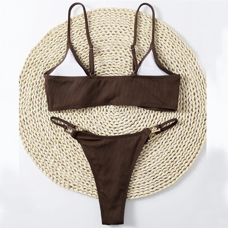 Sexy Ribbed Metal Rings High Cut Bikini Female Swimsuit Women Swimwear Two-pieces Bikini Set Micro Thong Bathing Suit Swim Lady