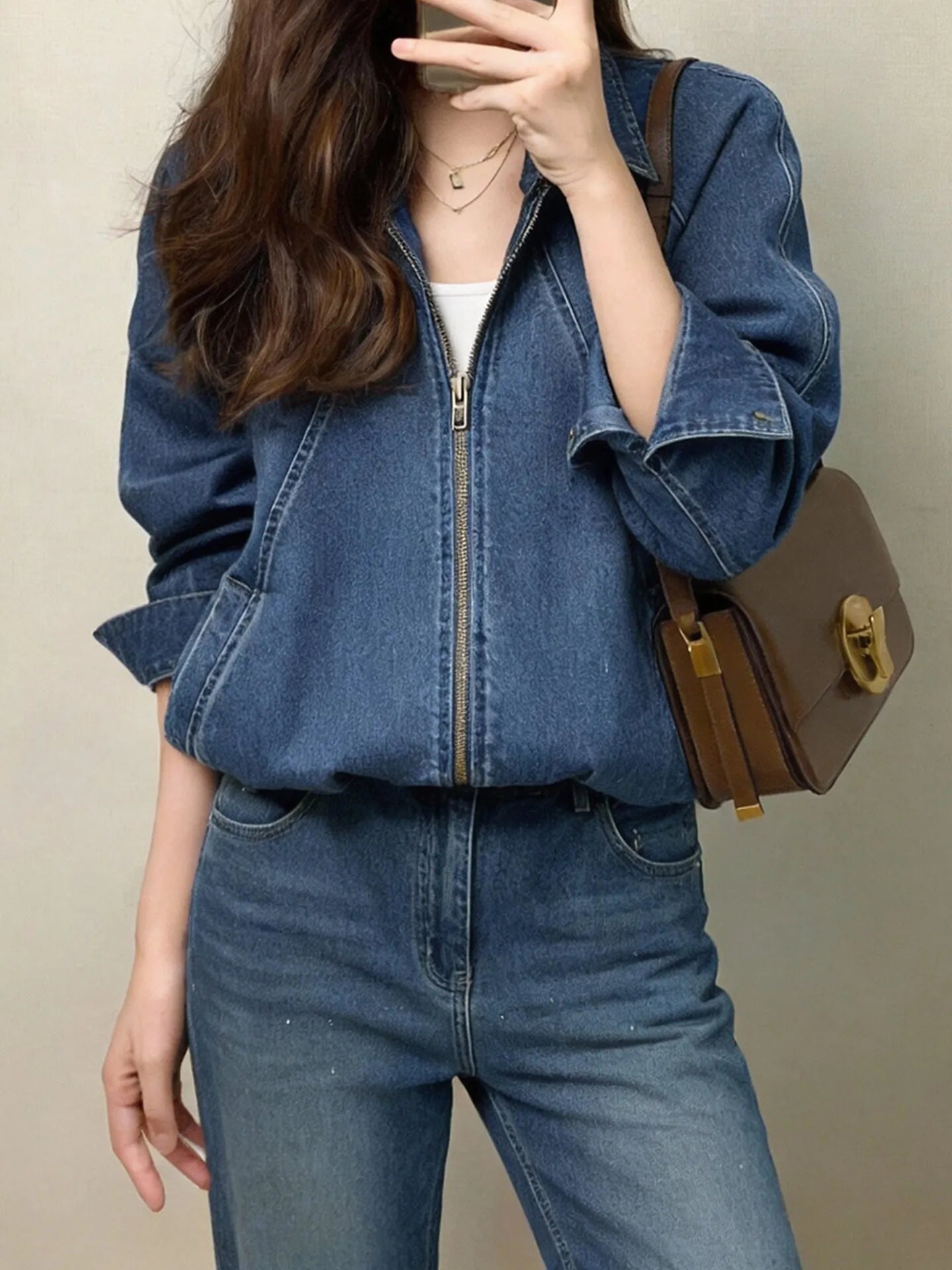 Spring denim shirt petite short denim lapel jacket