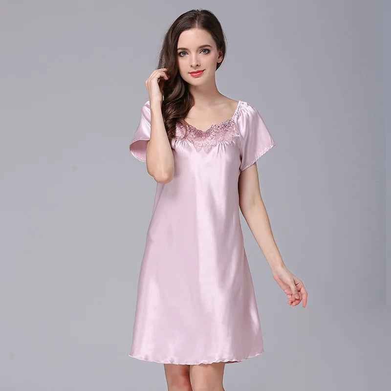Women's Sleepwear Ice Silk Casual Silk Pajamas Women's Summer Sexy Short Sleeve Lace Pajamas Loungewear