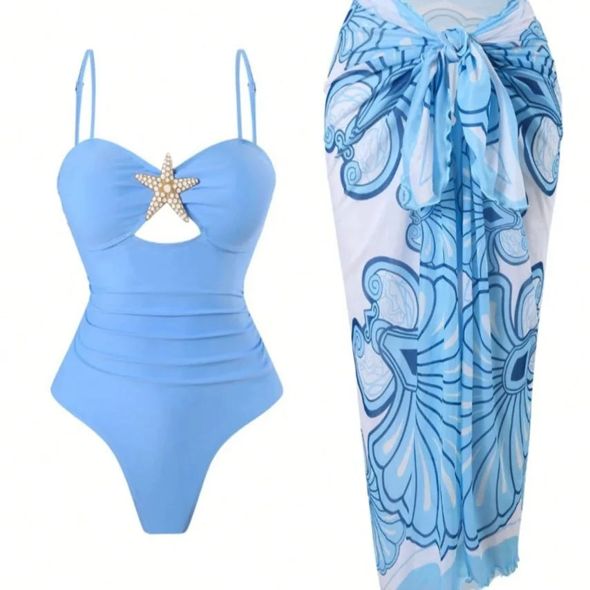 Vintage Orange Floral Print Skirt Swimwear Sets Women Starfish Hollow Out Tummy Control Bathing Suit Holiday One Piece Swimsuit