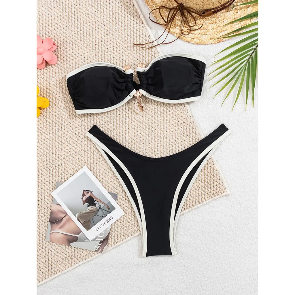 Bandeau Splicing Metal Ring Brazilian Bikini Women Swimwear Female Swimsuit Two-Pieces Bikini Set Bather Bathing Suit Swim V5651