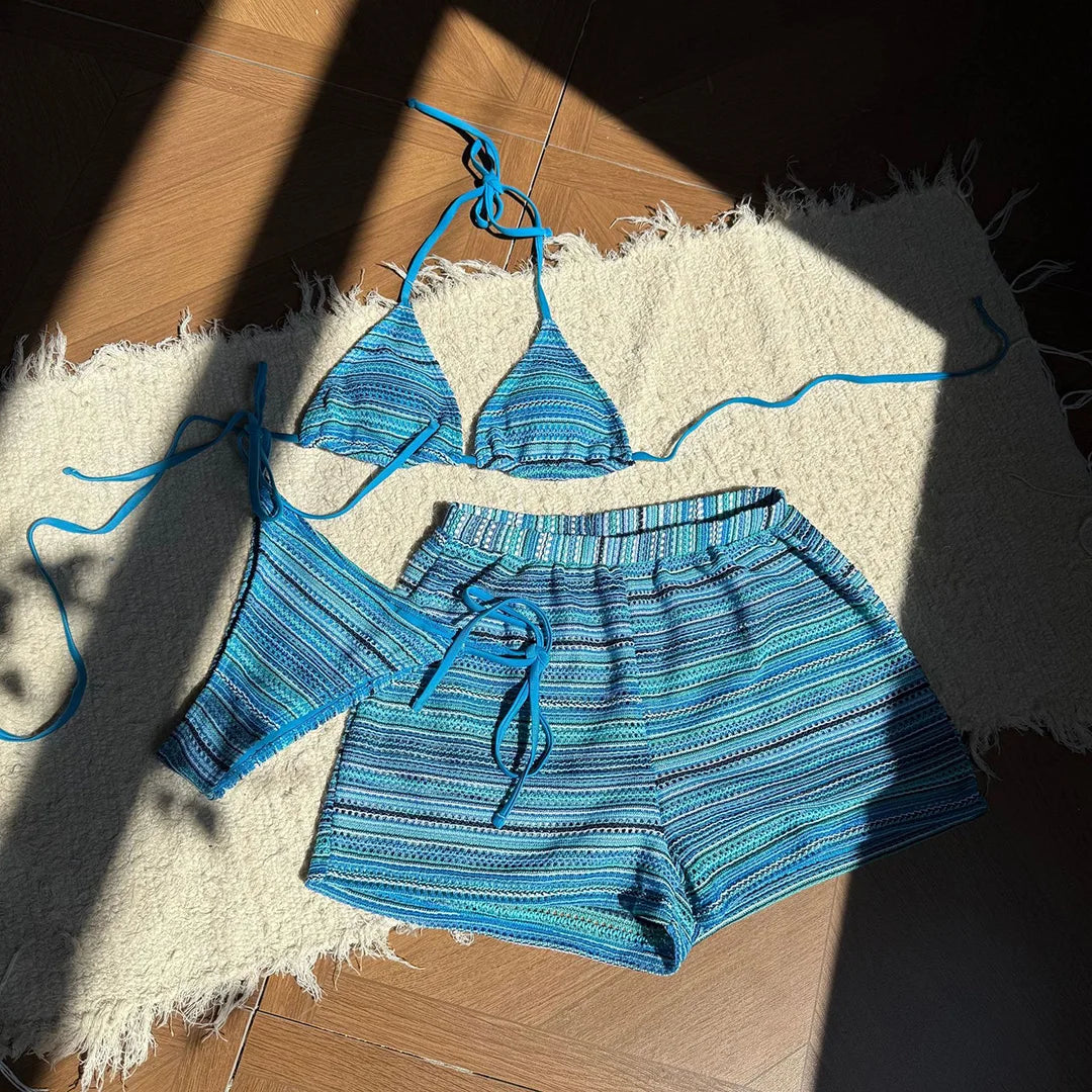 Striped Halter High Cut With Shorts Bikini Three-pieces Bikini set Female Swimsuit Bathing Suit Women Swimwear Bather Swim V6326