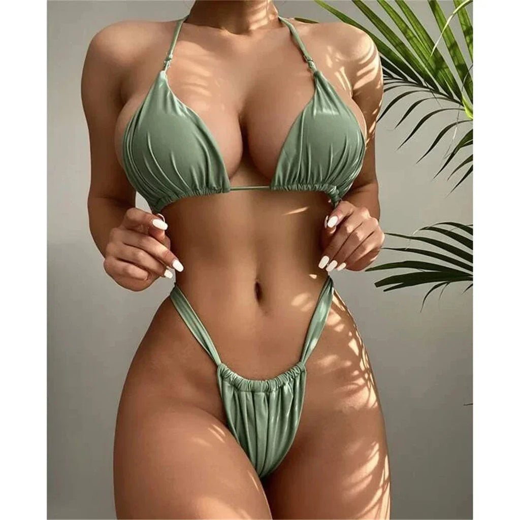 PU Pleated Ruched Bikinis Mini Micro Thong Bikini Women Swimwear Female Swimsuit Two-pieces Bikini Set Halter Bathing Suit Swim