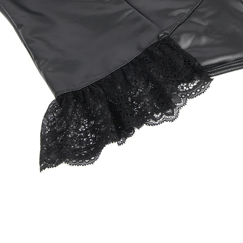 Black Sexy Lingeries Faux Leather Hollow Out Ruffled Lace Zipper Deep V-Neck Jumpsuits Adjustable Straps Elegant Women Bodysuits